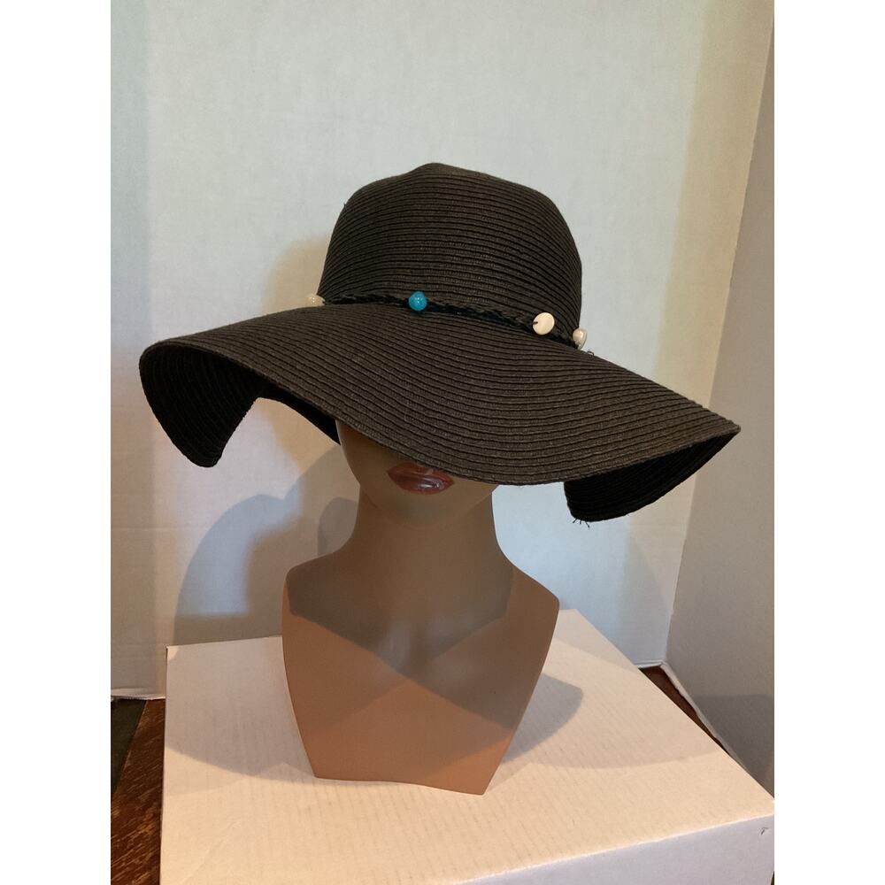 Unbranded. - Black Straw Hat w/ Turquoise & White Beads on a Braided Band